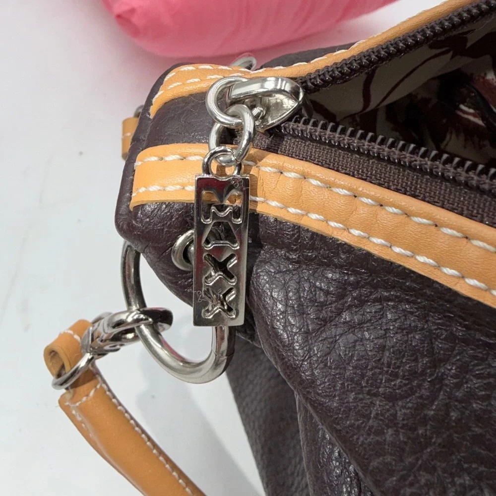 Maxx New York Pebbled Leather Shoulder Bag Tan Trim Silver Tone Hardware